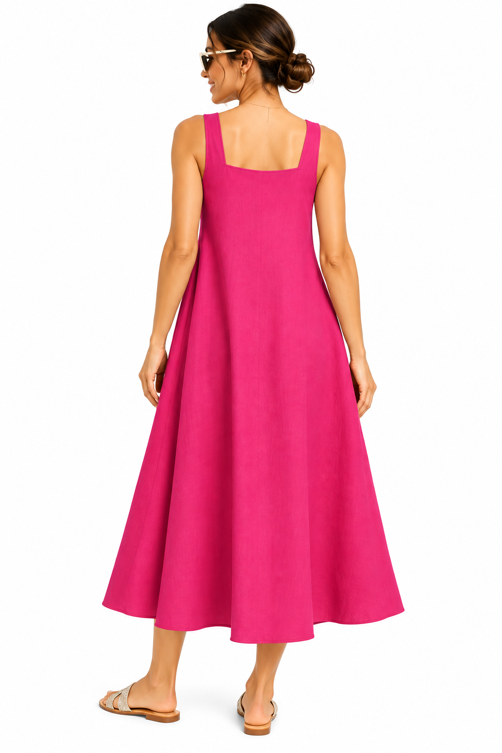 Women’s Solid Pink Sleeveless A-Line Midi Dress | Casual Summer Dress