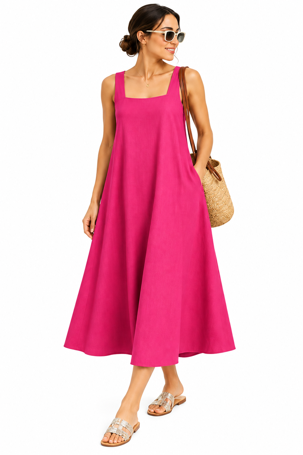 Women’s Solid Pink Sleeveless A-Line Midi Dress | Casual Summer Dress