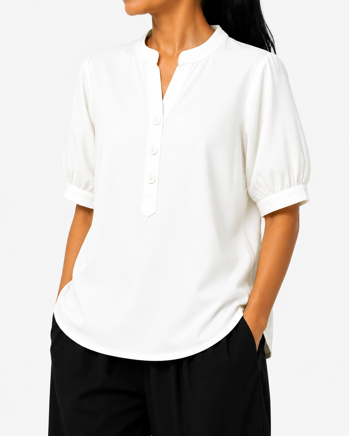 Women’s Cotton White Mandarin Collar Short Sleeve Casual Top