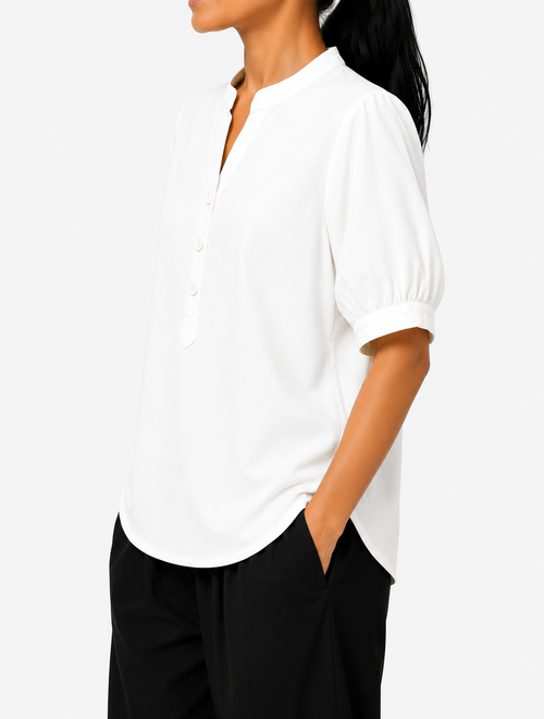Women’s Cotton White Mandarin Collar Short Sleeve Casual Top