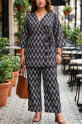 Women’s Printed Co-Ord Set with V-Neck Top & Wide Leg Pants | 3/4 Sleeve Casual Set