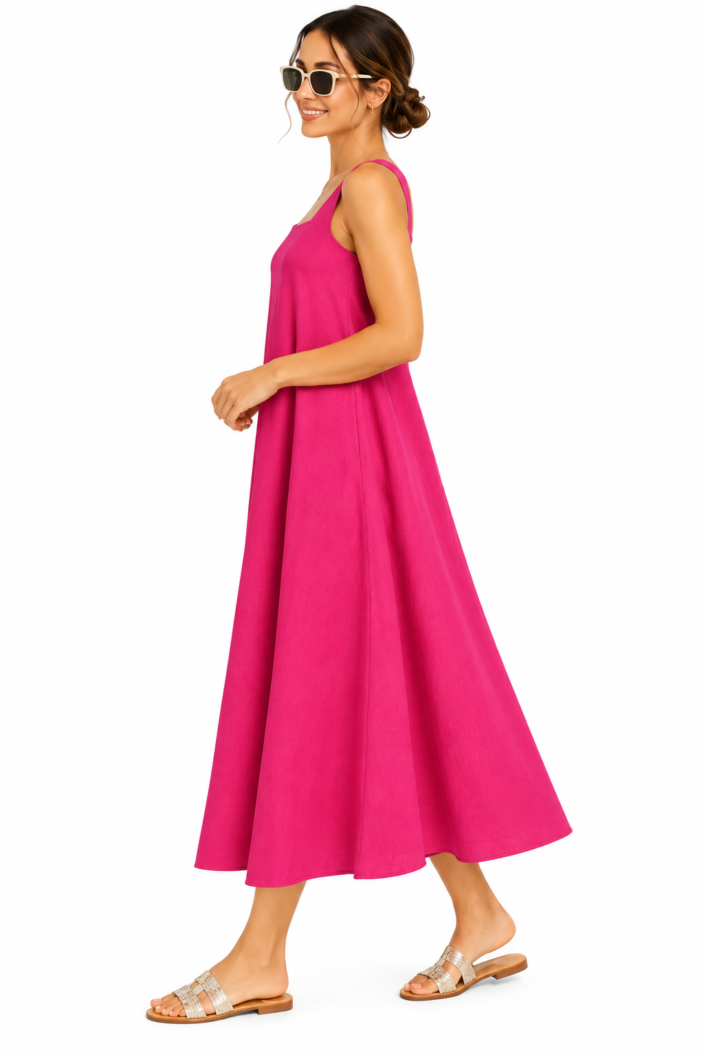 Women’s Solid Pink Sleeveless A-Line Midi Dress | Casual Summer Dress
